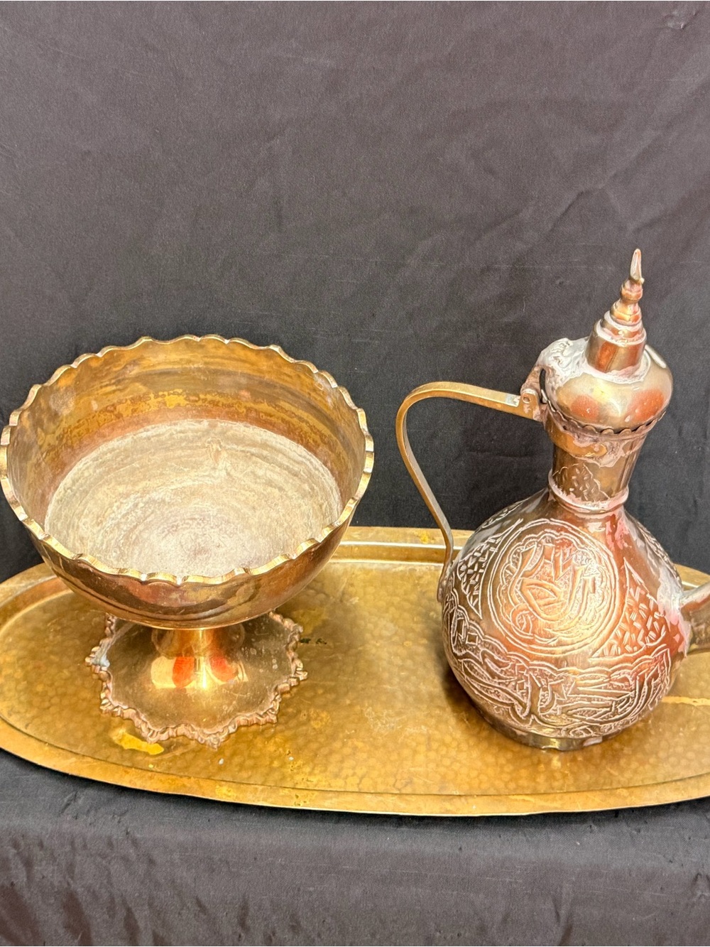 Copper-Tone Decorative Pitcher and Footed Bowl Serveware Set